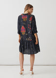 A woman viewed from the back wearing a dark navy midi dress with a colorful retro graphic print, paired with white high-heeled sandals, set against a plain white studio background.