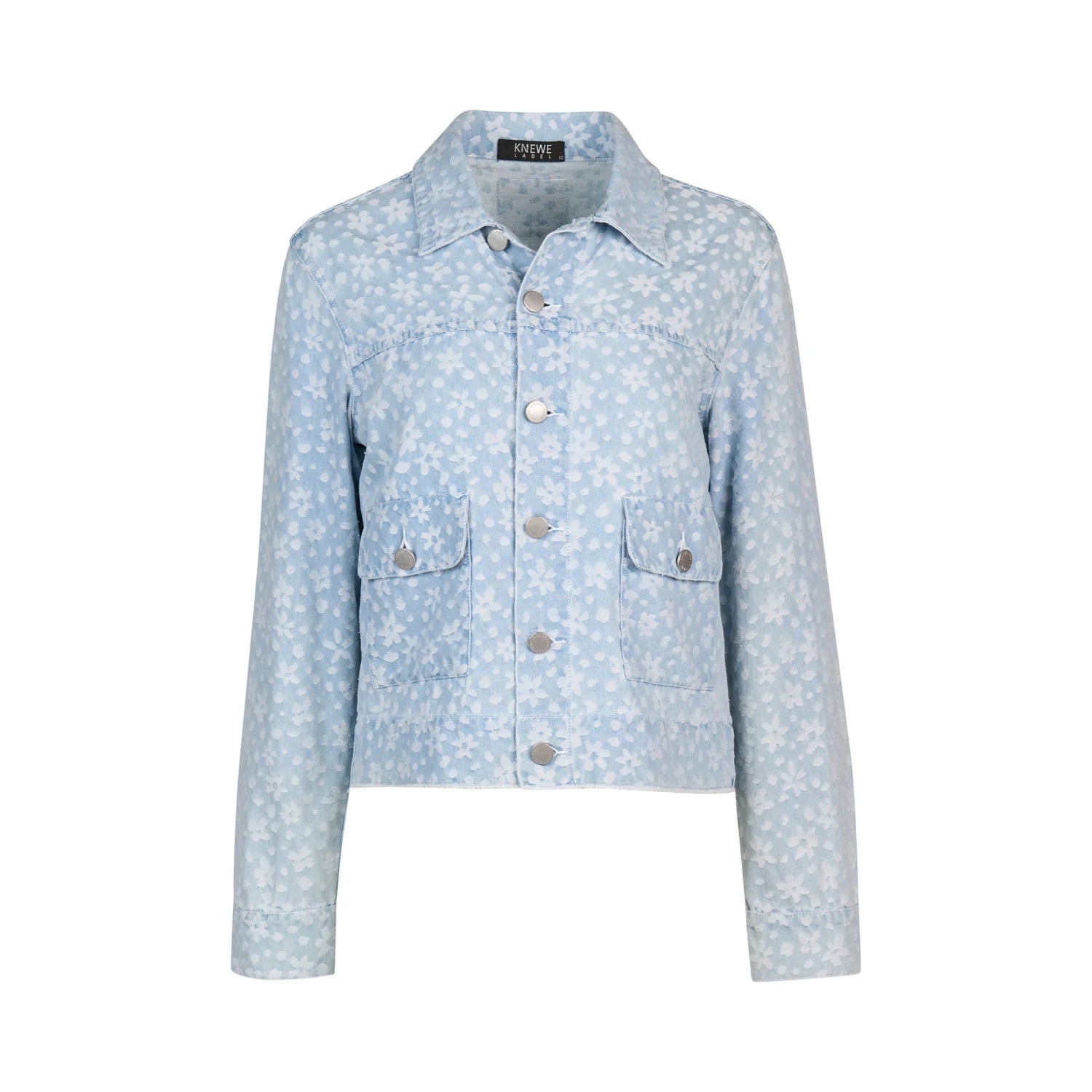 Light blue floral patterned jacket on a white background