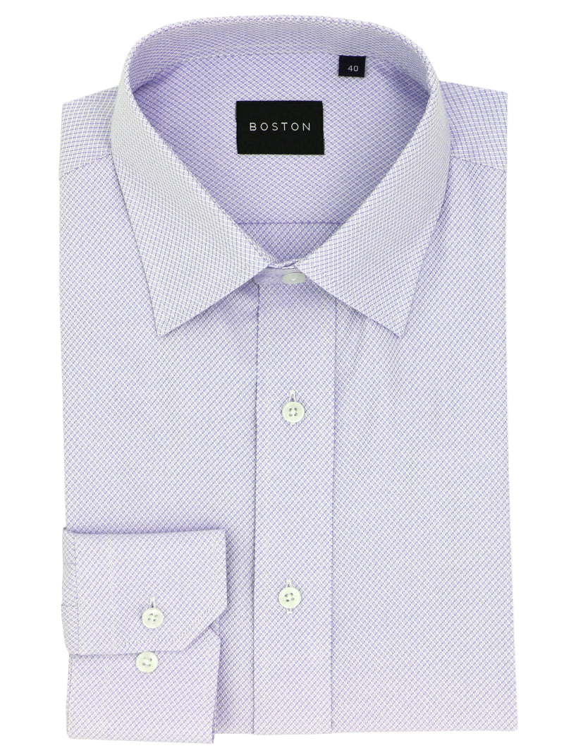 Folded light purple dress shirt with white collar and cuffs on a white background