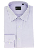 Folded light purple dress shirt with white collar and cuffs on a white background