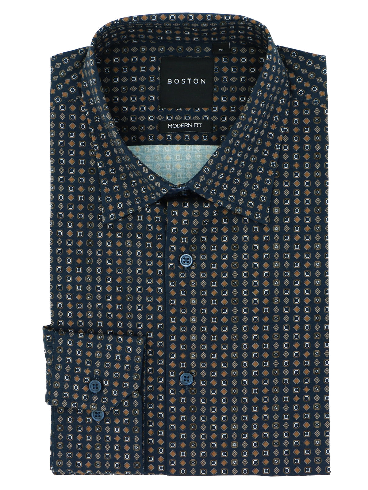 Patterned dress shirt with 'Boston' label on a white background