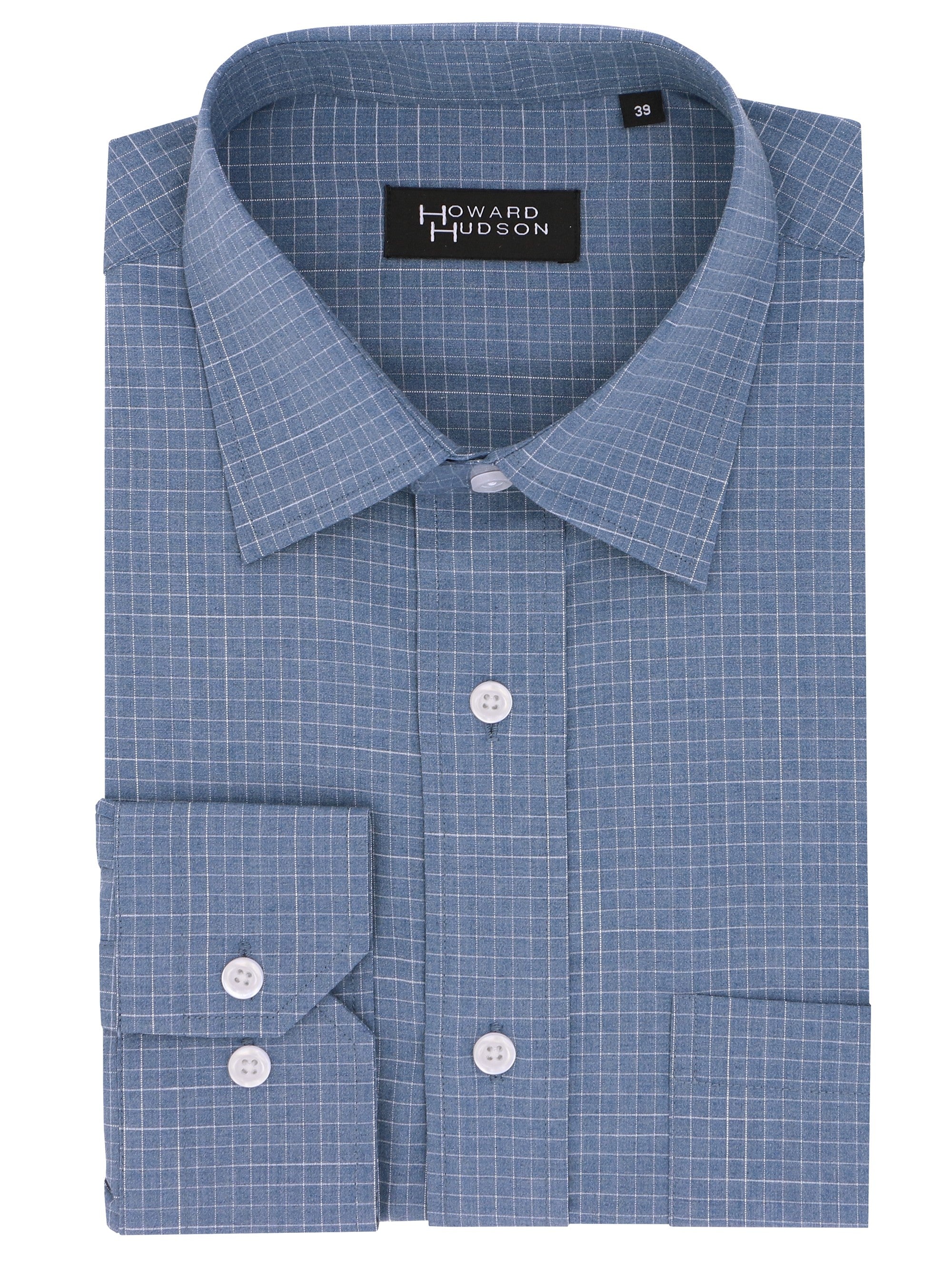 Blue checkered dress shirt with 'Howard Hudson' label on a white background