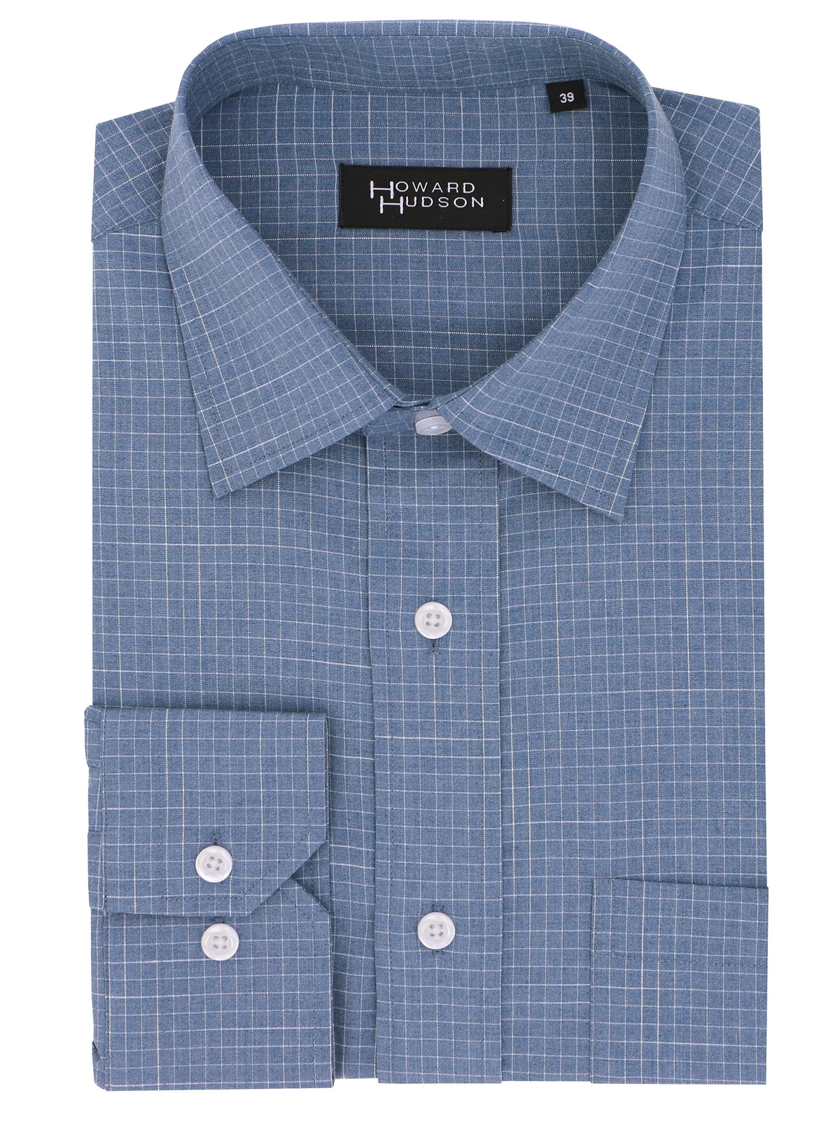 Blue checkered dress shirt with 'Howard Hudson' label on a white background