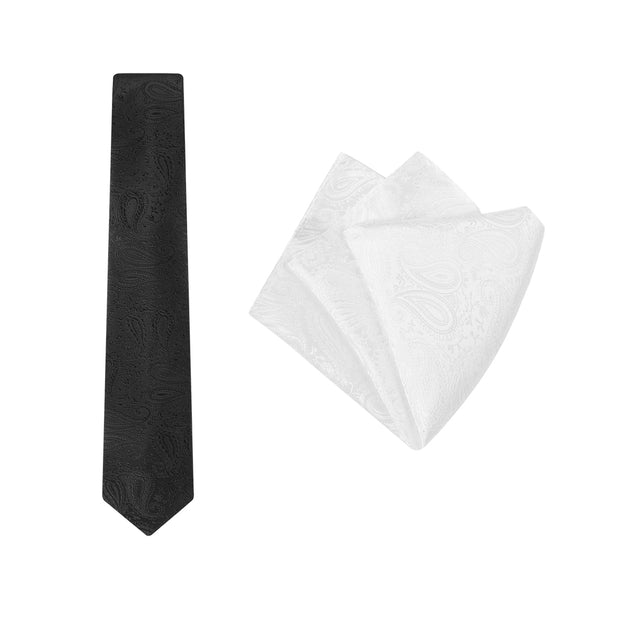 tie & pocket square, paisley, black