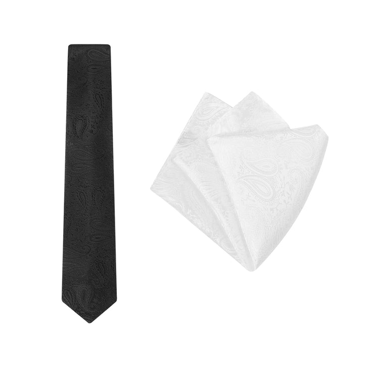 tie & pocket square, paisley, black
